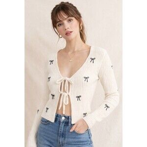 The Workshop Bow Print Ribbed Cardigan Cream Tie Front Cropped Sweater Size M